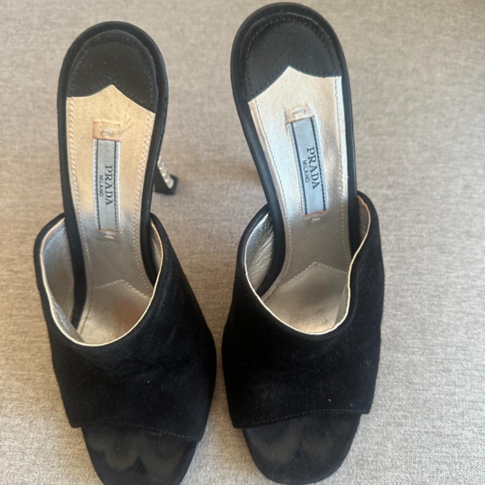 Prada Black Suede Crystal Embellishments Mules/ Slides/ Heels/ Sandals - Picture 2 of 7